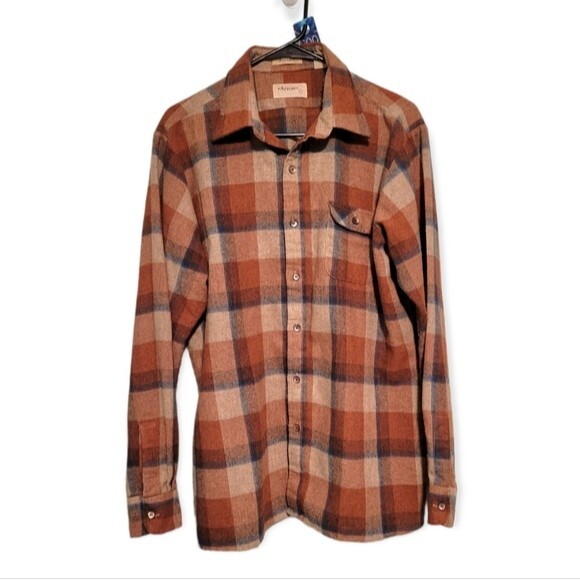 Arrow Orange Tan Blue Wool Blend Plaid Button Up Size Large - Picture 1 of 5